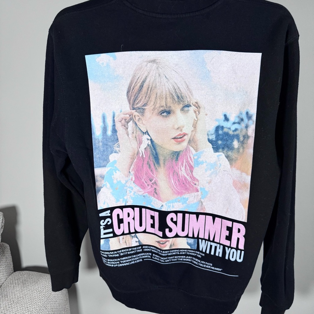 Taylor Swift Black Crewneck Sweater with Blue Text